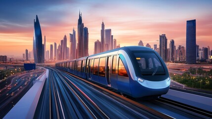 Fototapeta premium Sleek electric train gliding through an urban skyline at sunset, with city lights starting to glow, showcasing modern transportation in a vibrant cityscape