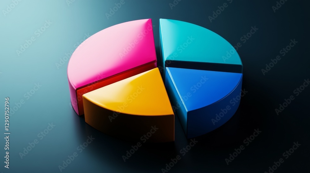Fototapete Split D pie chart in rich jewel tones, each section partially separated and highlighted with lighting effects on a dark background