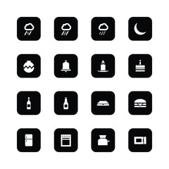 Icon set, weather symbols, holiday icons, food
and drink pictograms, kitchen appliances,
‘minimalist design, black and white, square
icons, simple shapes, flat graphics, app
interface elements, monoch