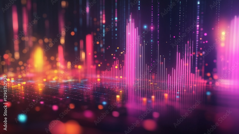 Poster stylized d bar graph with bars of varying heights, each one glowing against a dark background, creat