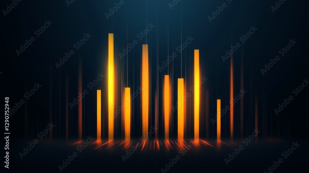 Poster stylized d bar graph with bars of varying heights, each one glowing against a dark background, creat