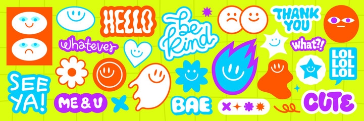 Fototapeta premium Colorful stickers with playful phrases like 'Hello,' 'Be Kind,' and 'Cute' Bright designs include smiley faces and fun shapes Vibrant and cheerful stickers Funky stickers, vector set