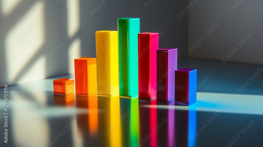 Fototapete vibrant d bar graph with colorful bars in various heights on a reflective surface, casting soft shad