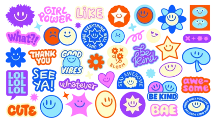 Colorful stickers with smiley faces, stars, and motivational phrases like 'be kind' and 'girl power' Bright, cheerful designs with positive vibes Funky stickers, vector set
