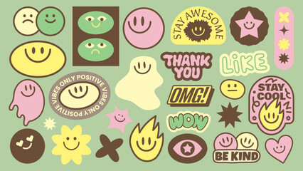 Colorful stickers with positive vibes, smiley faces, and motivational words like 'Stay Awesome' and 'Be Kind' Fun, cheerful, and uplifting designs Funky stickers, vector set