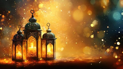 Obraz premium Glowing Lanterns with Elegant Patterns and Bokeh Effects at Night
