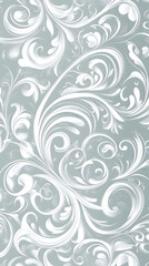 Light gray background with white swirls and floral patterns
