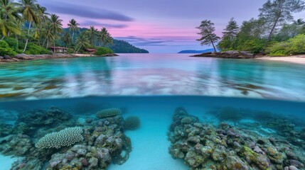 Obraz premium Tropical beach sunrise, calm ocean, underwater coral. Ideal for travel brochures
