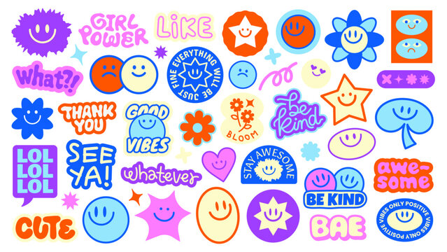 Colorful stickers with smiley faces, stars, and motivational phrases like 'be kind' and 'girl power' Bright, cheerful designs with positive vibes Funky stickers, vector set
