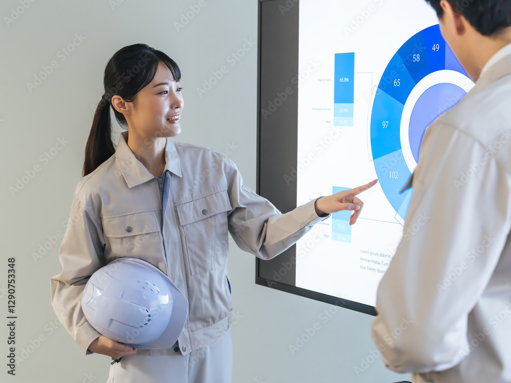 Poster 作業員、エンジニア、打ち合わせ、ミーティング、会議、画面、建設、工事、女性、指導、安全、指示、確認、チェック、モニター、計画、ゼネコン、工務店、作業服、ヘルメット、プロジェクト、設計、チームワーク、協