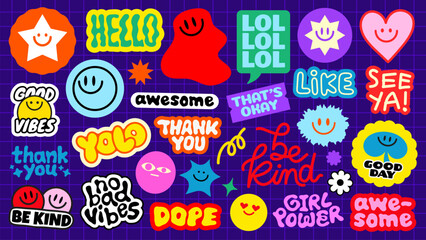 Colorful stickers with positive messages like 'Be Kind', 'Awesome', 'Good Vibes', and 'YOLO' Bright, cheerful designs with smiley faces and stars Funky stickers, vector set