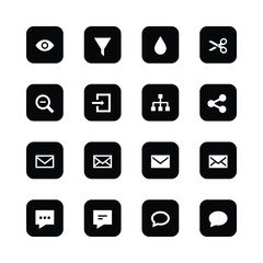 icon set, minimalist design, black and white,
user interface symbols, app icons, vector
graphics, simple shapes, flat design,
communication icons, visual metaphors,
gridded layout, square buttons,