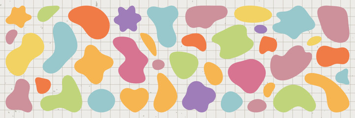 Colorful abstract shapes in various sizes and colors, including orange, blue, pink, and green, on a grid background. Abstract shapes and colors create a playful design. Colorful shapes, vector set.