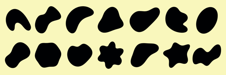 Fototapeta premium Abstract black shapes on a light yellow background. Various abstract forms, black shapes, and irregular patterns create a unique abstract design. Black shape vector set.