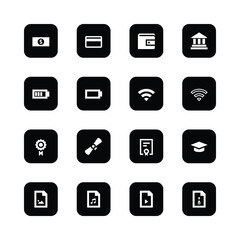 minimalist icons, black and white, financial
symbols, technology icons, banking, wifi,
battery status, education, file types,
achievements, interface design, mobile app
icons, squared icons,