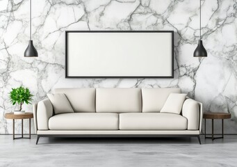Modern Minimalist Living Room Interior with Beige Sofa and Marble Wall