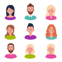Set of portraits and avatars of man and woman.Facial expression.