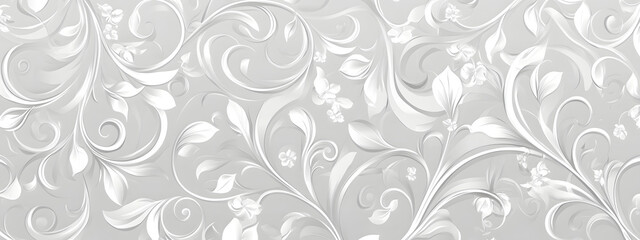 Light gray background with white swirls and floral patterns
