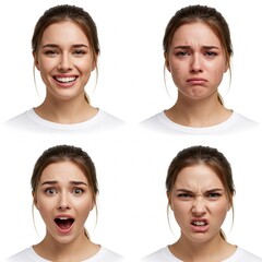 Emotional Expression Collection of Young Woman with Happy, Sad, Surprised, and Angry Faces in High-Resolution Photography