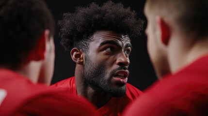 Intense team huddle showcases passionate player sharing motivati