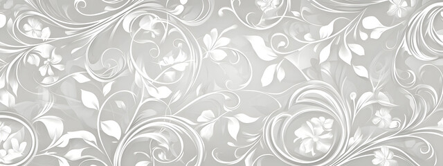 Light gray background with white swirls and floral patterns
