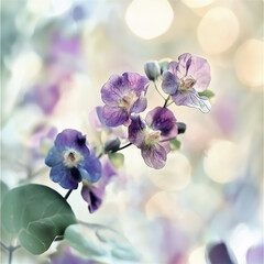 Naklejka premium A soft-focus close-up of purple and blue violets in bloom, their petals captured in the light, creating a dreamy and peaceful atmosphere with natural beauty.