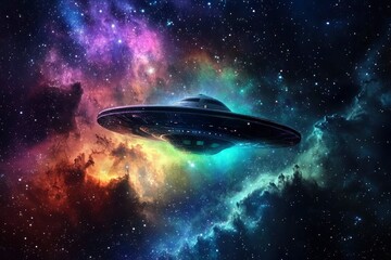 A glowing spaceship flying through a nebula illuminated by multi-colored light