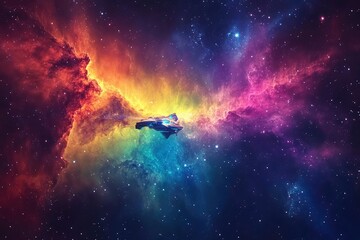 Fototapeta premium A glowing spaceship flying through a nebula illuminated by multi-colored light
