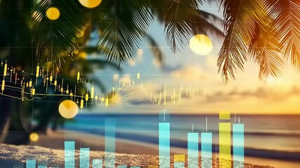 A beach scene with palm trees and a digital graph overlay, suggesting a blend of nature and finance. - Powered by Adobe