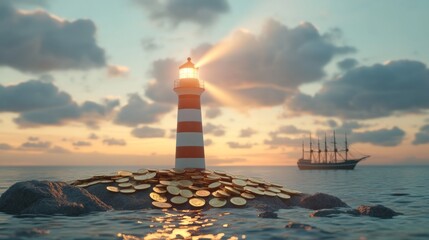 Fototapeta premium Lighthouse Illuminating Pile of Coins with Ship on Horizon at Sunset