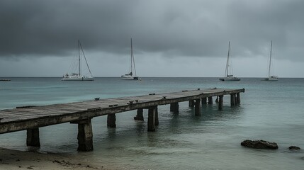Obraz premium Cloudy Pier, Boats, Tranquil Seascape