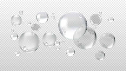 Transparent bubbles on a checkered background. Bubbles of various sizes. Clear bubbles floating. Transparent and shiny bubbles. Checkered backdrop. Soap bubble element vector set.