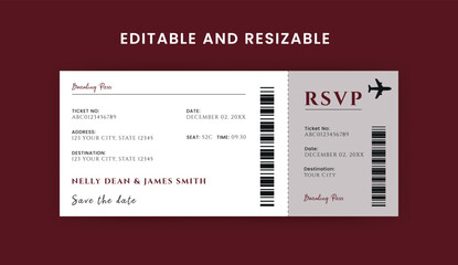 Naklejka premium Boarding Pass Invitation For Airplane and Boat, Cruise Boarding Pass Design Template. Minimalist Airline Ticket and Wedding Invitation.