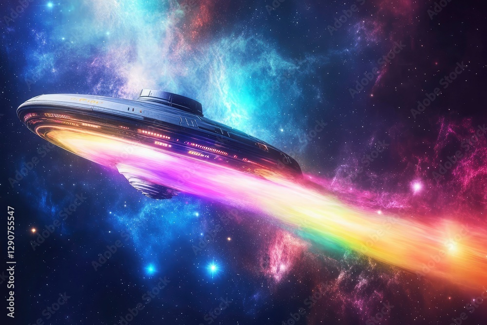 Wall mural a glowing spaceship flying through a nebula illuminated by multi-colored light