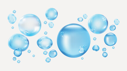 Blue bubbles on a white background. Multiple blue bubbles, large and small. Shiny blue bubbles floating. Blue bubbles create a calming effect. Soap bubble element vector set.