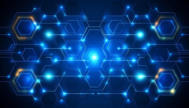 Hexagon Grid, Glowing Spheres, Lines Network On Dark Background, Cybersecurity Concept.