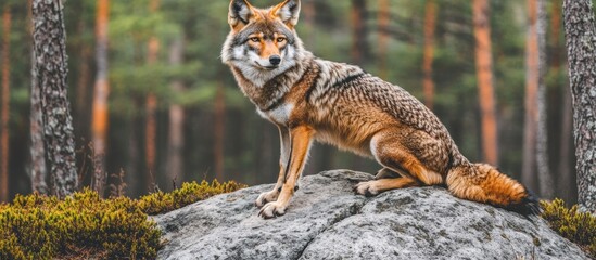 Obraz premium Coyote on rock, forest background, wildlife scene, nature photography