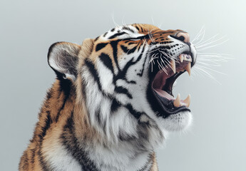 Obraz premium tiger roaring with its mouth wide open, showcasing its powerful jaws and striking fur patterns. image captures fierce expression and majestic presence of this magnificent animal