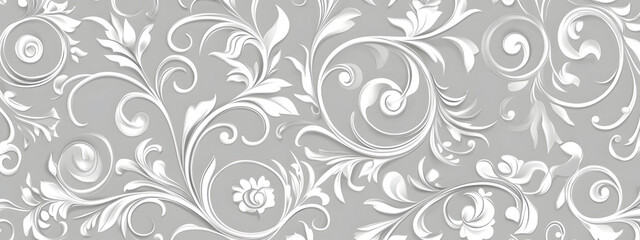 Light gray background with white swirls and floral patterns
