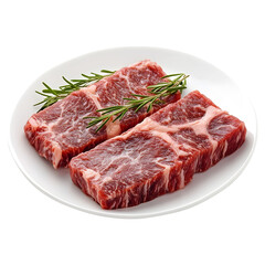 Fresh meat steaks on a white plate isolated on transparent background