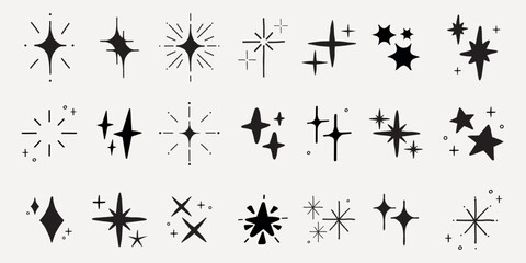 Set of 24 black star and sparkle icons. Stars and sparkles in various shapes. Simple black star and sparkle designs. Minimalist star and sparkle icons. Element vector set.