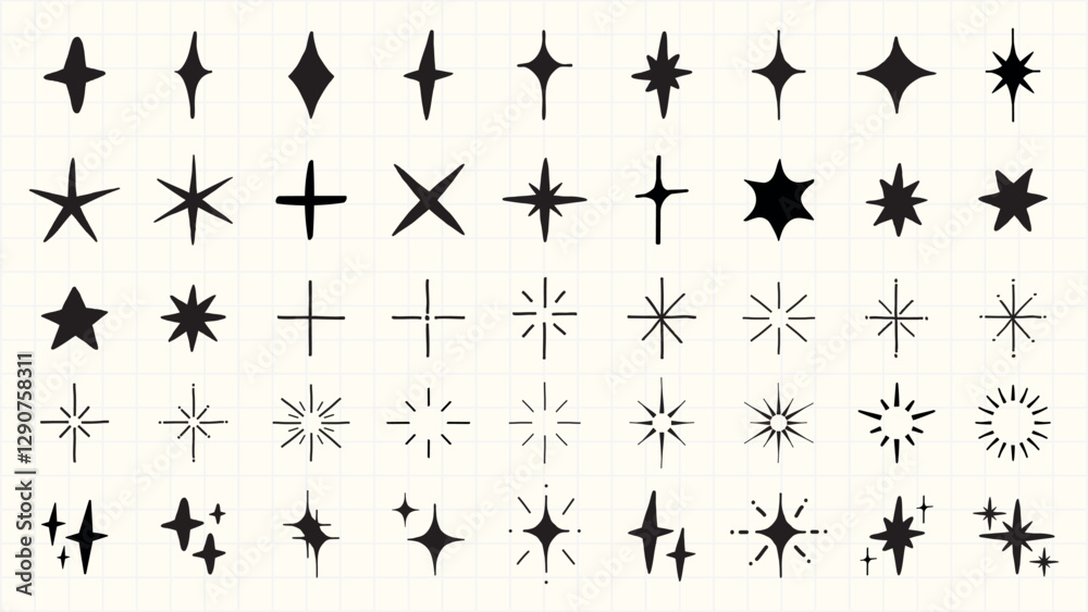 Poster a collection of black star shapes in various styles and sizes. stars include different patterns and 