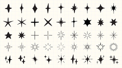 A collection of black star shapes in various styles and sizes. Stars include different patterns and designs, perfect for creative projects and decorations. Element vector set.