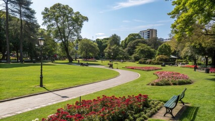 Naklejka premium Beautiful City Park Landscape with Lush Greenery, Scenic Pathway, Tranquil Environment, Perfect for Relaxation and Recreation, Nature Lover's Paradise in Urban Setting