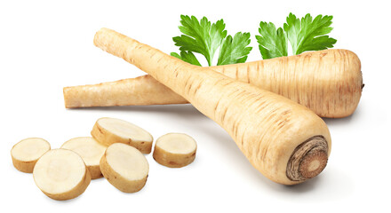 sliced parsnip root isolated on white background. clipping path