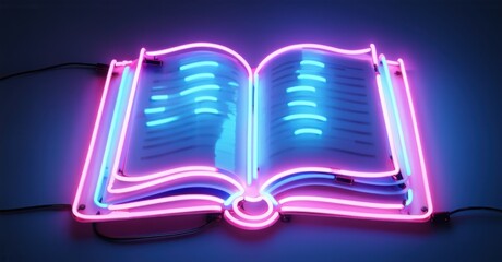 Neon sign turn page glowing flipping book bright colorful realistic photo