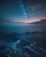 Fototapeta premium Gorgeous nighttime photo of ocean waves on the beach with stars and nebula filling the sky with vibrant colors ocean wallpaper inspiration