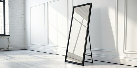 Black Framed Mirror, White Background, Minimalist Home Decor, Stylish Reflection, Simple Elegant Mirror