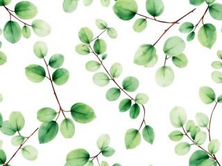 Obraz premium Watercolor Green Eucalyptus Leaves Seamless Pattern