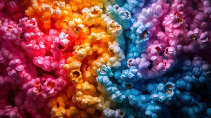 Fototapeta premium Rainbow popcorn close-up, vibrant colors, movie theater